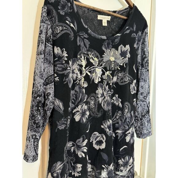 Coldwater Creek  2X Plus Semi Sheer Top Y2K Graphics Sequin Dark Floral - Picture 3 of 10